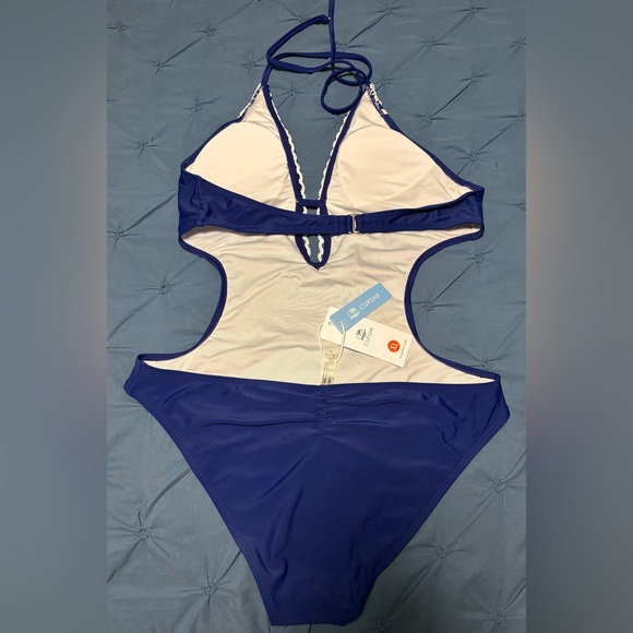 Elegant Navy and White Halter Swimsuit - Picture 5 of 7